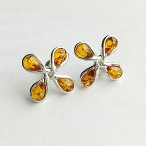 New, sterling silver amber modern flower stud earrings